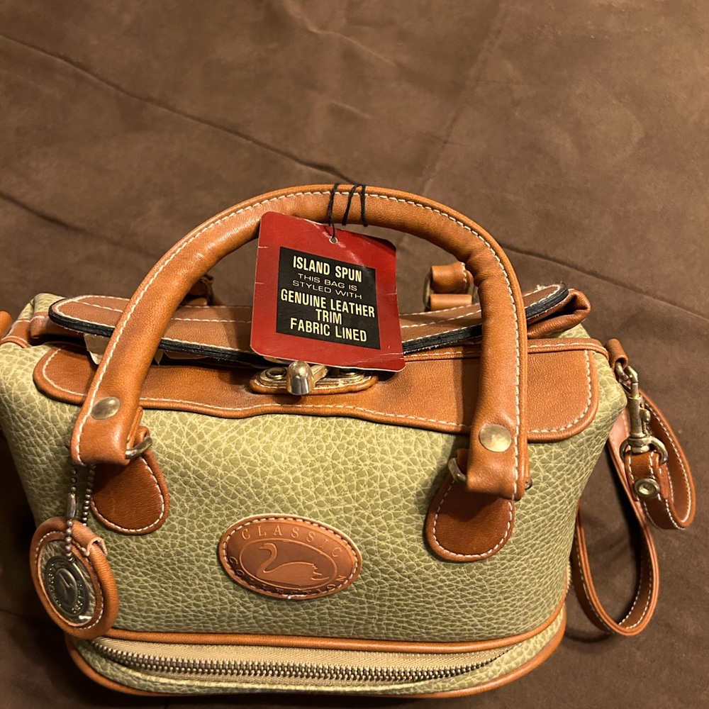 9”x6” sage green and tan purse